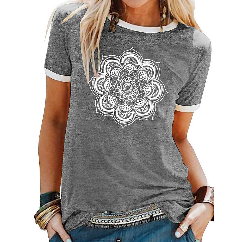 Floral Patchwork Print Short Sleeve T-shirt for Weekend Casual Wear