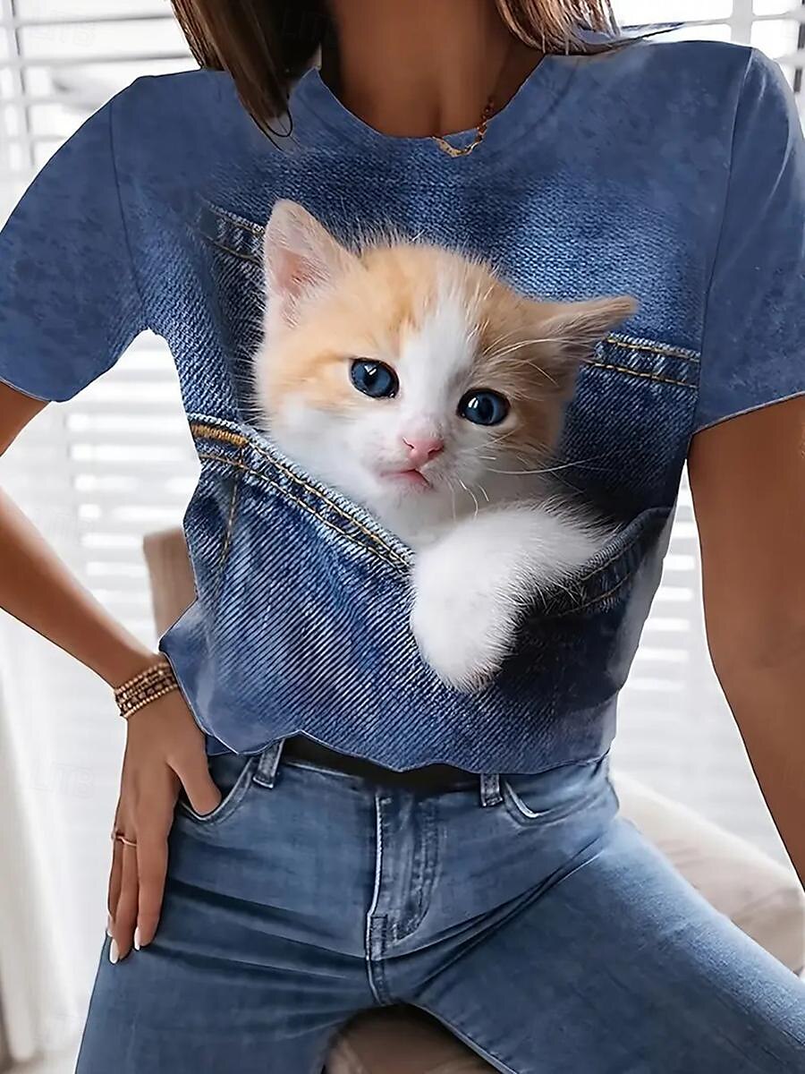 3D Cat Design Casual Short Sleeve T-shirt for Everyday Wear