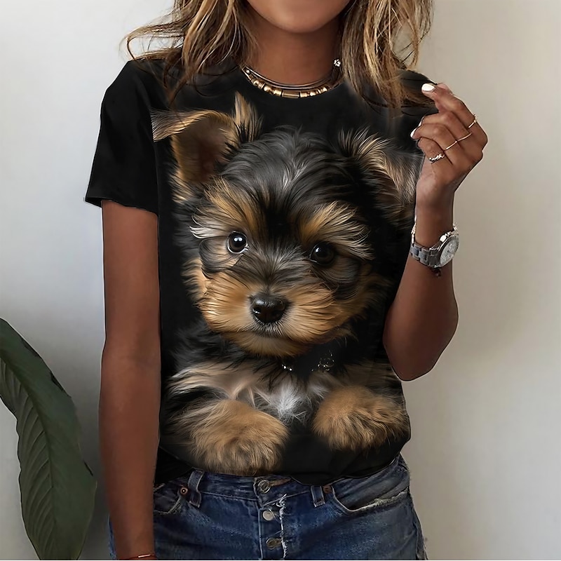 Dog Themed Print T-shirt with Round Neck for Daily Casual Outfits