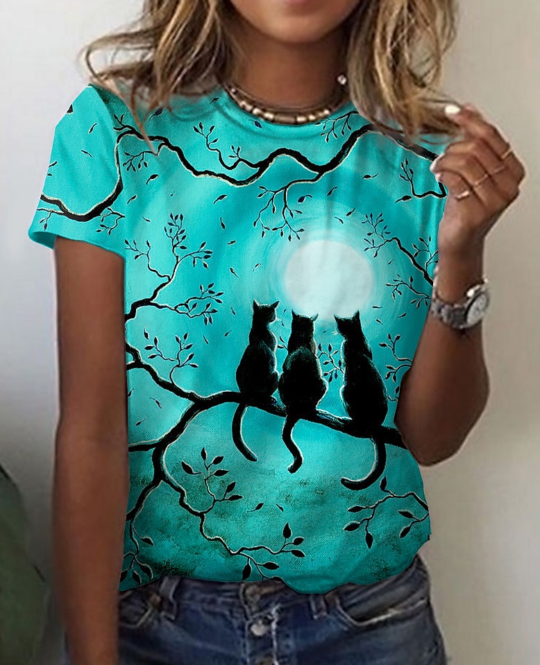 Cat Design Short Sleeve T-shirt for Basic Casual and Weekend Outfits