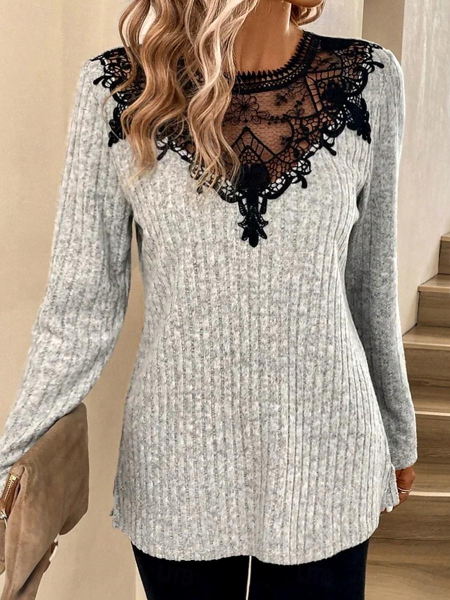 Textured Ribbed Long Sleeve T-shirt with Lace Patchwork Design