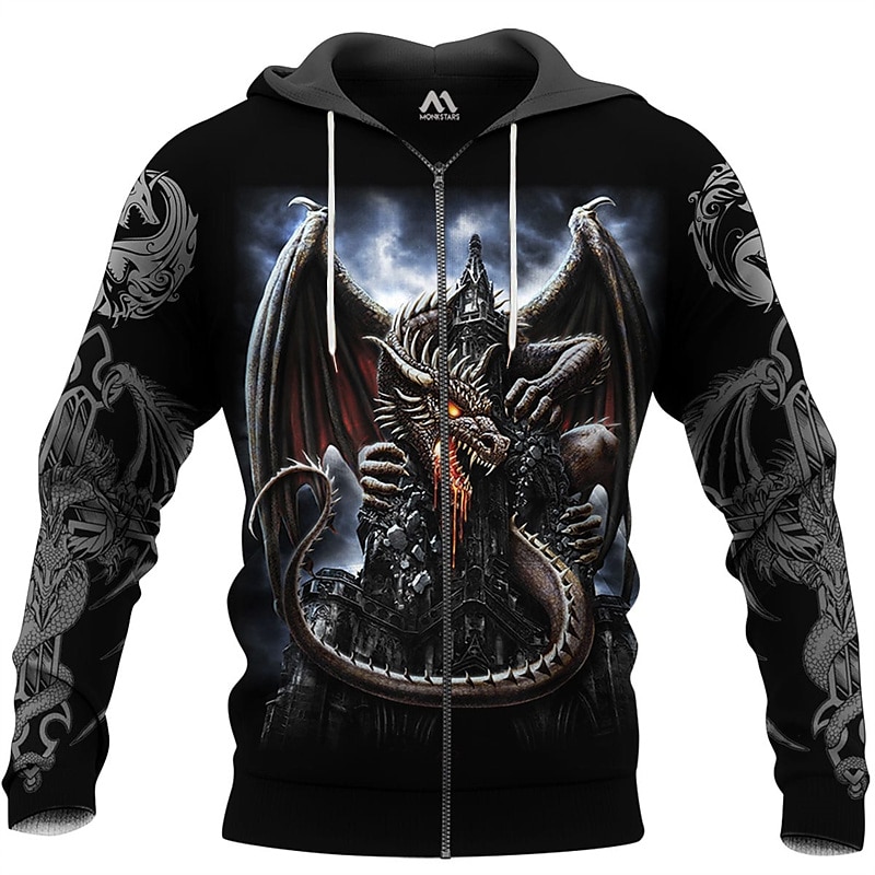 Dragon Graphic Full Zip Hoodie with Bold Prints for Casual Streetwear