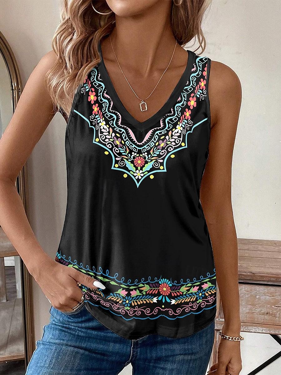 Sleeveless Vacation Top with Ethnic Boho Print for Casual Outings