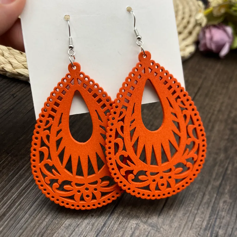 Ethnic Water Droplet Wood Drop Earrings