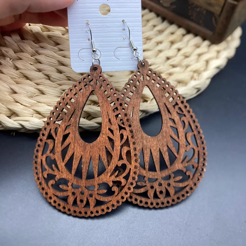 Ethnic Water Droplet Wood Drop Earrings